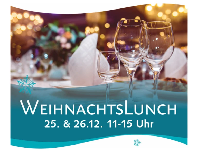 Werbeflyer für das Weihnachtsessen im DämeritzSeeHotel am 25. und 26. Dezember mit Informationen zu Speisen, Getränken, Preisen und Kontaktdaten für Reservierungen.